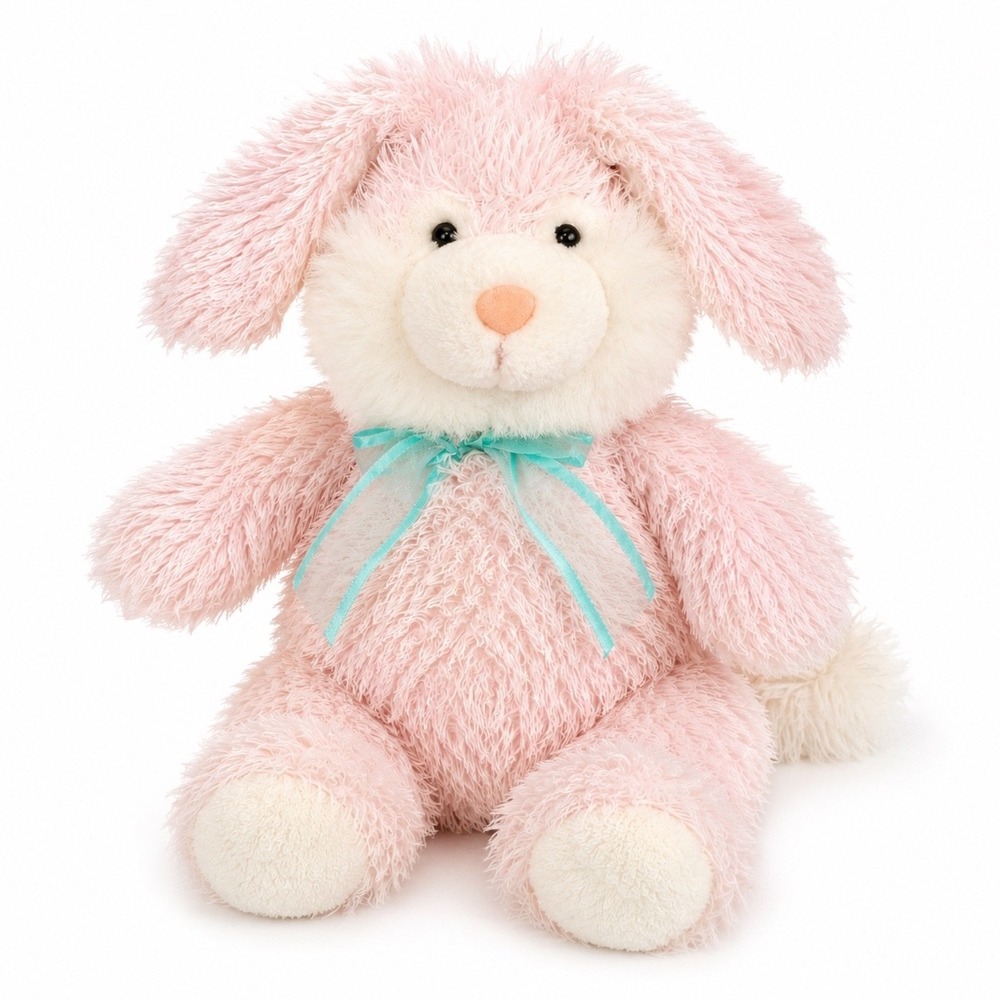 Pink Puppy Plush 16" Shaggy Floppy Ears White Face Aqua Ribbon Stuffed Dog